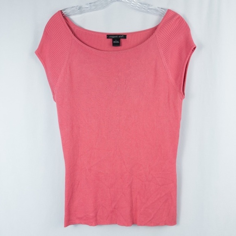 August Silk Ribbed Knit Silk Blend Cap Sleeve Top Large Pink‎ Stretch Y2K Preppy